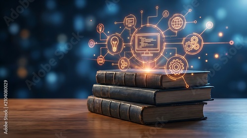 Stack of old books on wooden table with glowing digital network of icons representing technology and knowledge, abstract background with bokeh lights, concept of learning.
