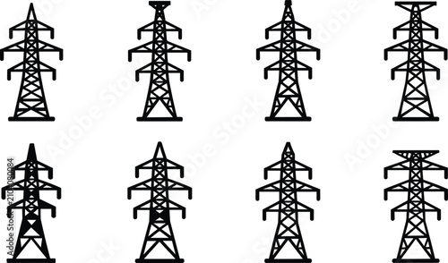 Obraz na płótnie Collection of Eight Black Silhouette High Voltage Electricity Towers Keywords: e