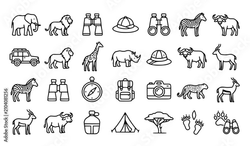 Photography Safari Line Art Icon Collection with Wildlife Animals Vehicle and Adventure Acce