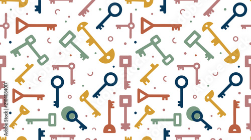 Seamless pattern vector background illustration featuring colorful flat antique keys scattered with abstract geometric shapes for textile and wallpaper design.