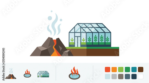 Geothermal Energy Greenhouse and Volcano Brand Board Vector