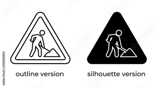 Cuadro en lienzo Roadwork Symbol: A cautionary triangular sign depicting a person digging with a shovel, presented in both outline and silhouette versions, alerts to ongoing construction or maintenance work