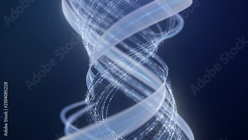 Close-up twisting luminous data ribbons with sparkling particle trails tech abstract