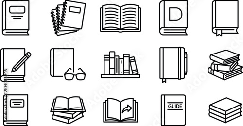 Notebook and manual iconography presents a comprehensive collection of office supplies and reference guides, depicted as clean line drawings for organized layout and documentation purposes.