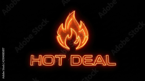 Hot Deal Neon Sign with Flame Icon for Sales and Promotions. Special Offer Marketing Graphic