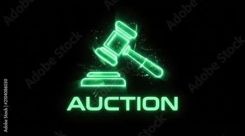 Digital Auction Gavel Neon Glow on Black Background. Online Bidding and Legal Business Concept.