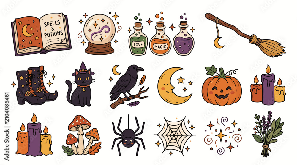 Obraz premium Magical witchcraft and Halloween icon set with crystal ball spell book and black cat