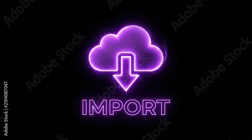 Purple Neon Cloud Icon with Download Arrow and Import Text for Technology and Data Transfer