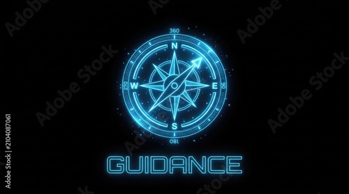 Digital Compass Guidance Concept with Glowing Neon Light on Black Background