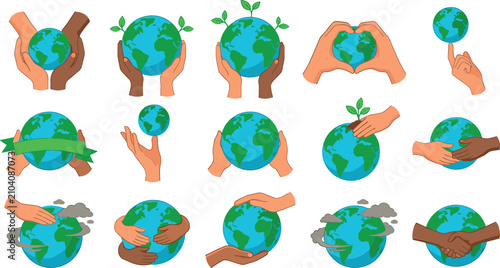 Global environmental protection vector illustration set featuring hands holding planet Earth, growing plants, diversity handshakes, and eco friendly conservation concepts.