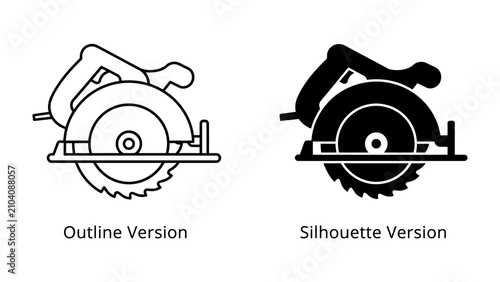 Foto Circular Saw Tool Icons: A clean illustration showcasing two distinct representations of a circular saw, one as an outline and the other as a solid silhouette