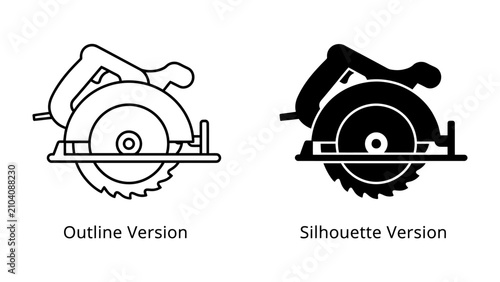 Konstfotografi Circular Saw Icons: A graphic representation showing both the outline and silhouette versions of a circular saw, ideal for design and construction contexts
