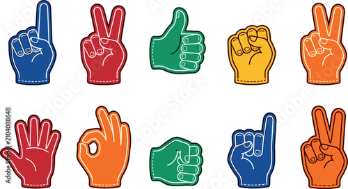 Colorful foam fingers and hand gestures vector illustration collection featuring thumbs up, peace sign, fist, and number one for sports fan cheering layouts.