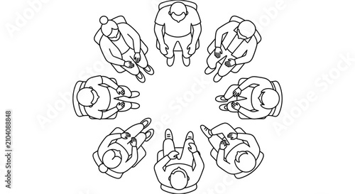 People sitting in a circle during a formal meeting are displayed in this top down isometric line art illustration showcasing a group of individuals engaged in a structured professional discussion.