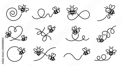 Bees flying in various patterns are depicted in this set of black and white line art illustrations which serve as graphic design elements for projects requiring a simple nature themed aesthetic style.