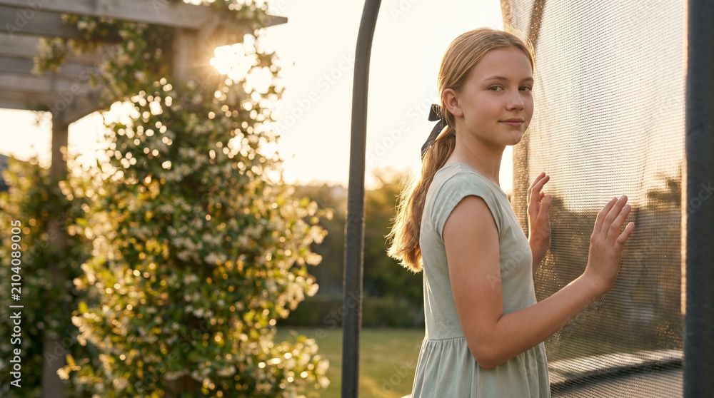 Fototapeta premium Young girl gazing through a screen door in a sunny garden
