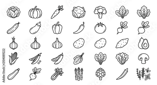 Vegetables icon set displays a diverse variety of fresh garden produce, including roots, leafy greens, and legumes, organized in a structured grid to represent healthy nutrition and diets.