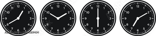 Four analog clocks displaying different times on white background