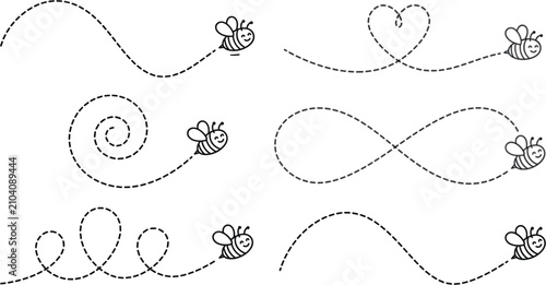 Bee characters flying along various dashed paths create a playful sequence of motion trails, showcasing whimsical insect flight patterns for creative design projects on a neutral white background.