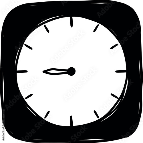 Hand drawn style clock icon with simple black and white design