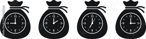 Time is money concept clock face in money bag icons