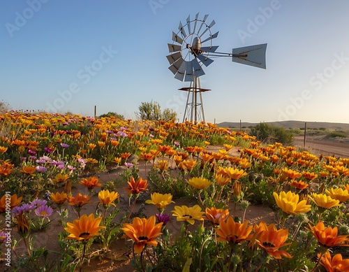 Vibrant autumn flower field under clear blue sky.