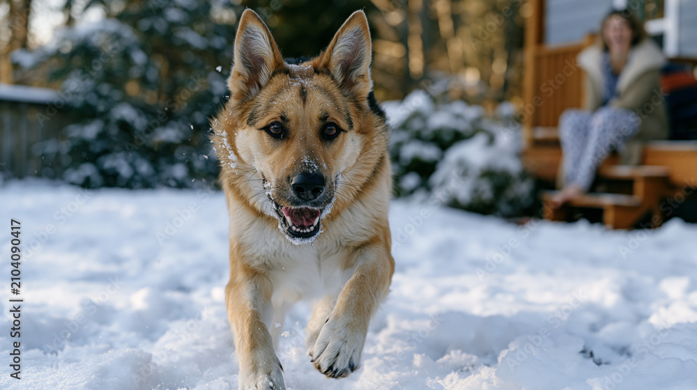 Fototapeta premium Dog bounds through a backyard during the first snowfall of the season, owner laughing from a back porch step in a coat thrown over pajamas, untouched snow stretching across the lawn except for the c
