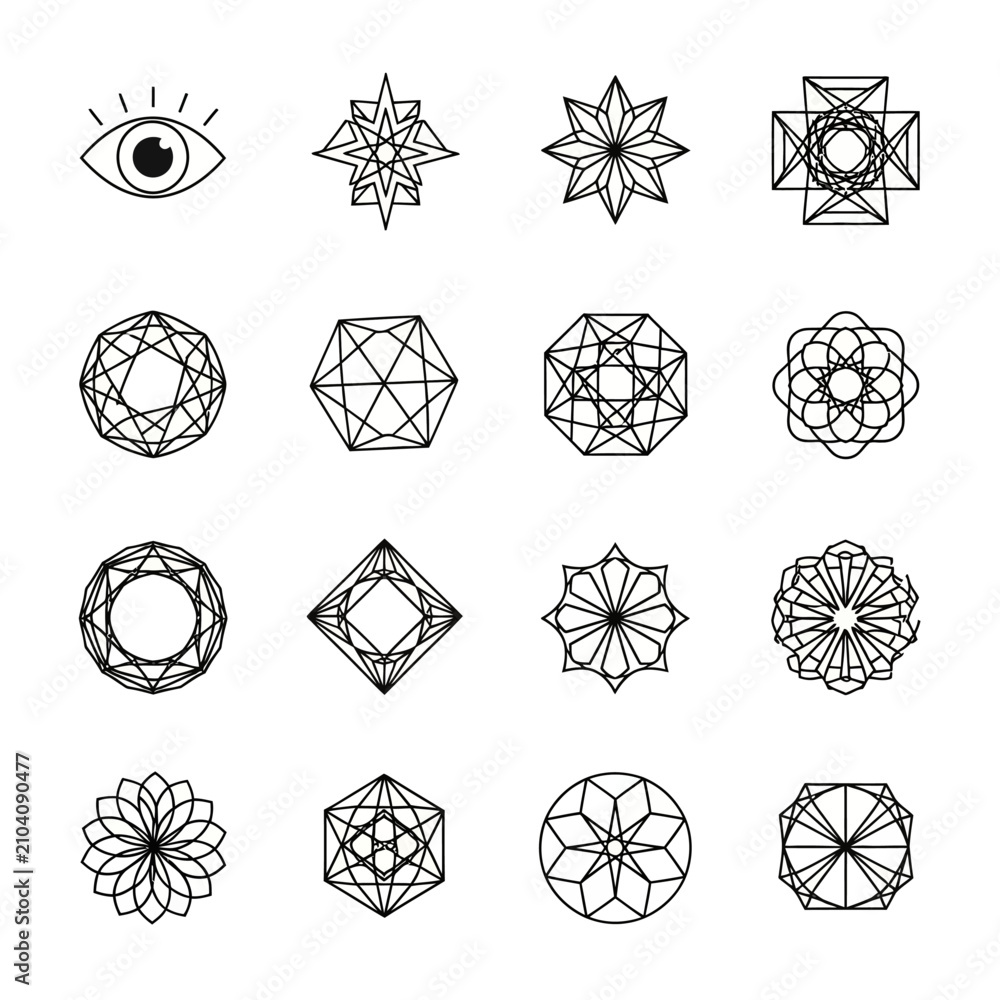 Fototapeta premium Sleek Black and White Geometric Sacred Symbols and Intricate Star Polygons Art Collection for Spiritual Designs
