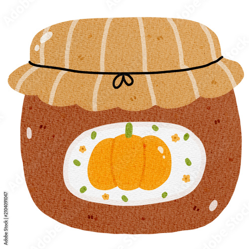 hand-drawn watercolor illustration of a cozy pumpkin jam jar with a fabric lid, perfect for autumn decorations, kitchen tags, and seasonal stickers