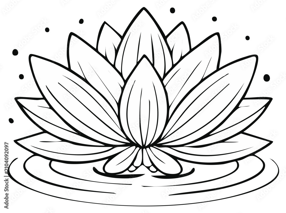 Fototapeta premium Outline drawing of a lotus flower blooming on water with ripples and small dots