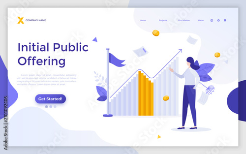Landing page template with stockbroker demonstrating stock exchange diagram. Concept of market trends analysis and research, investment strategy, IPO. Modern flat vector illustration for webpage.