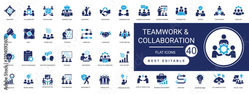 Teamwork and collaboration solid icon set featuring partnership, communication, leadership, cooperation, workflow, and productivity. Editable vector illustration.