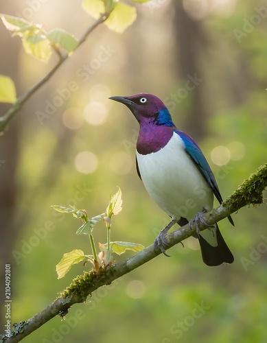 Vibrant blue and white bird perched on a branch in natural light.