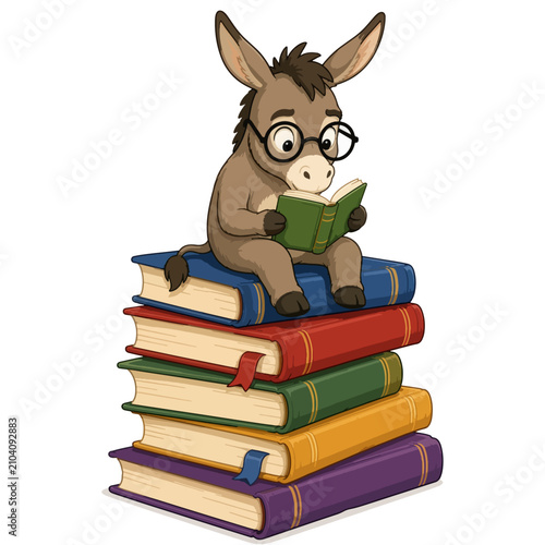 Cute Donkey Reading Book on Stack of Books Cartoon Illustration