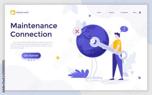 Landing page template with person tightening nut on globe with wrench. Concept of online connection maintenance, global access to internet, technical support. Flat vector illustration for website.