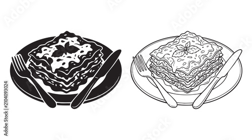 Foto lasagna plate silhouette with line art vector icon silhouette witn line art vect