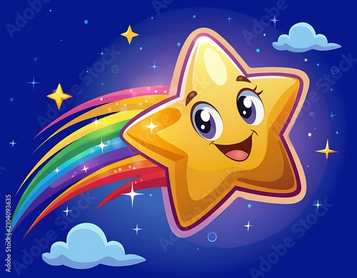 Vibrant cartoon dog flying through starry night sky.