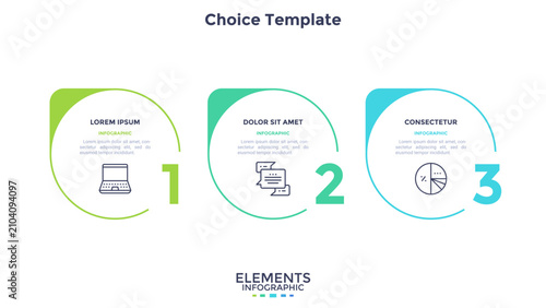 Infographic template with three numbered steps and icons. Modern vector illustration for business presentation layout. Three options circular design for data visualization and process.