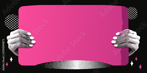 Tableau sur toile Pink rectangular banner held by hands pop art style illustration