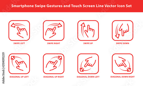 Swipe gesture icons depicting hand movements on a touchscreen red line vector graphics finger movement