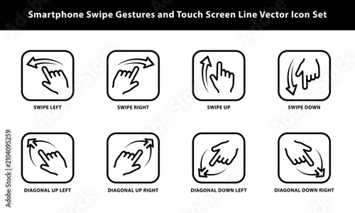 Swipe gesture icons depict hand movements for touchscreen interaction in a linear vector style gestures