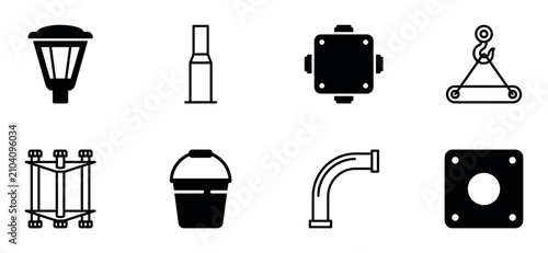 Set of black industrial and construction icons featuring a street lamp, bullet, junction box, crane hook, scaffolding, bucket, pipe, and flange in a minimalist graphic style