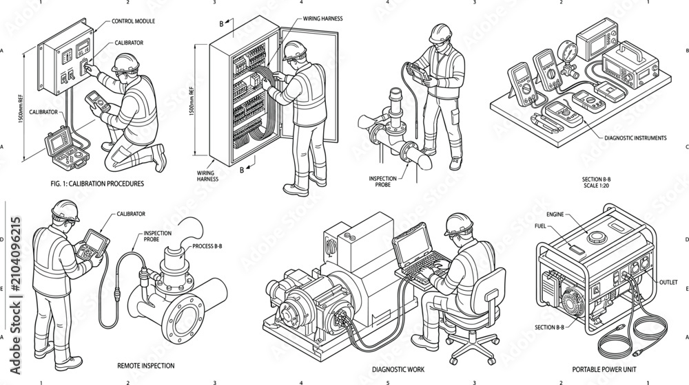 Obraz premium Technical schematics of industrial maintenance, calibration procedures, and diagnostic work by professional engineers