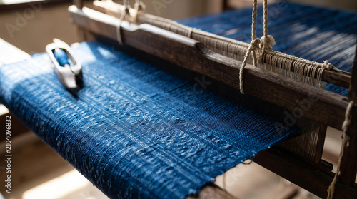 Traditional wooden handloom weaving intricate patterned fabric with wooden shuttle in sunlight