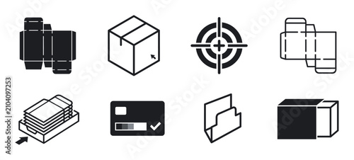 Set of black vector icons for packaging and logistics, featuring box dielines, a parcel, a target, a payment card, and a folder in a minimalist graphic design style