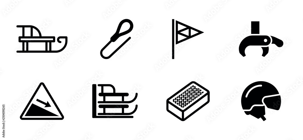 Fototapeta premium Set of black winter sport icons for sledding and bobsleigh, featuring a sled, helmet, flag, downhill sign, and other equipment in a minimalist glyph pictogram style