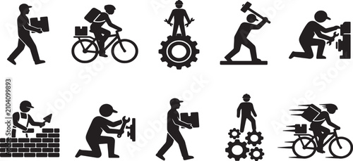 Bild auf Leinwand Silhouettes of various workers and cyclists engaged in different activities