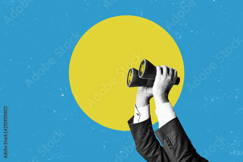 Hands in business attire hold a binoculars, isolated against a flat-design background. Business analytics and strategic thinking.