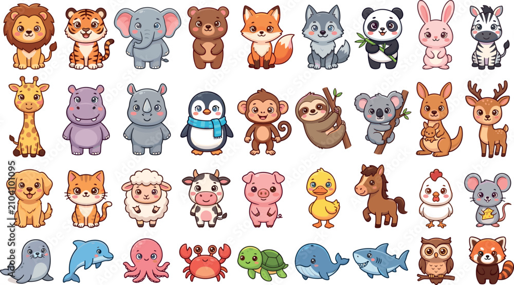 Fototapeta premium Cute baby animals cartoon mega vector icon set with wild safari farm forest polar and marine creatures isolated on white background.