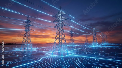 Conceptual visualization of digital energy flow, high voltage power lines over glowing circuit board patterns, abstract technology and power distribution at dusk.